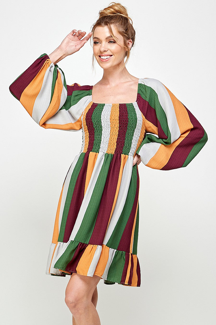 Long Sleeve Square Neck Stripe Short Dress