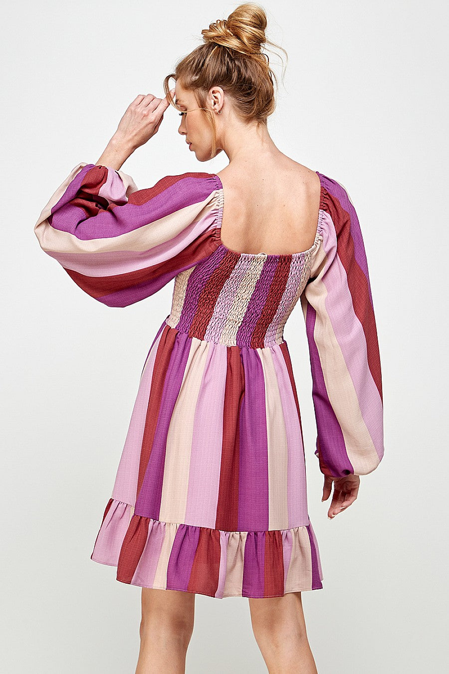 Long Sleeve Square Neck Stripe Short Dress