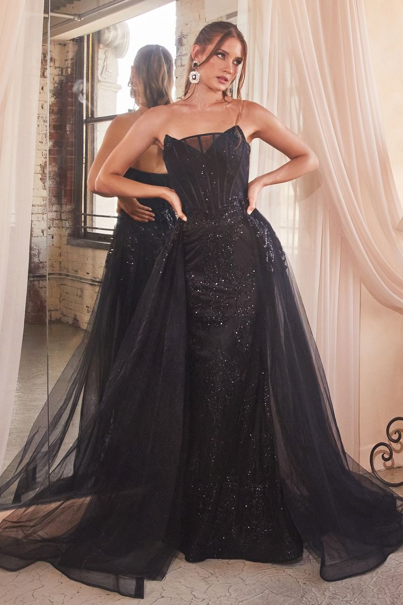 Cinderella Divine J858 Long Formal Glitter Overskirt Prom Gown