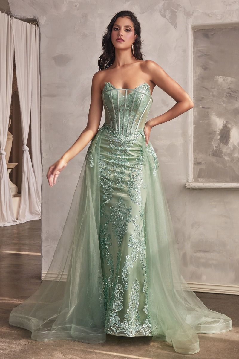 Cinderella Divine J858 Long Formal Glitter Overskirt Prom Gown